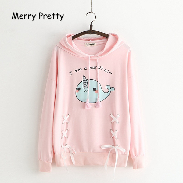 MERRY PRETTY Cartoon Unicorn Print Hooded Sweatshirts 2018 Autumn Long Sleeve Cooton Cute Pullovers Femme Lace Up Sweet HoodiesMX191008