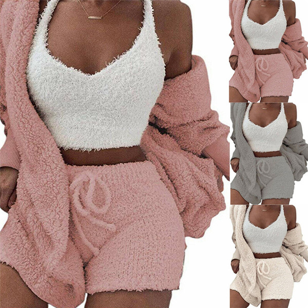 Women Winter Cardigan Sweater Plush Hooded Coat+Shorts 2PCS Pajama Sets Sleepwear