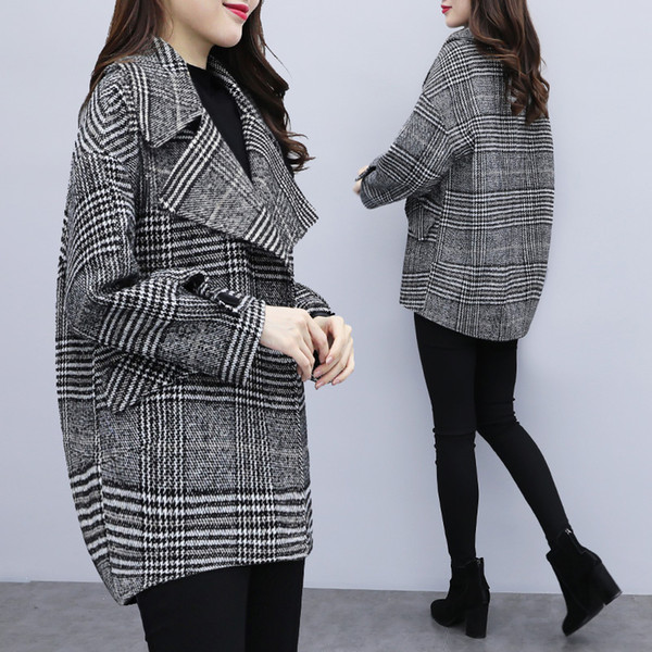 Spring coat female 2019autumn new Korean version popular thousand bird plaid Medium short paragraph loose large size woolen coat SH190831