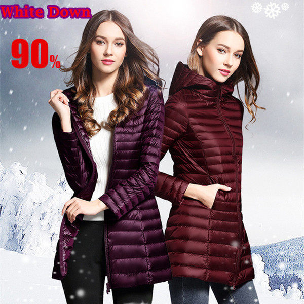 90% White Duck Down Coat Women Ultra Light Down Jackets 2018 winter New Women Long Down Coat Parka with Hood SH190930