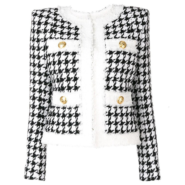 HIGH QUALITY Newest Autumn Winter Baroque Designer Jacket Women's Color Block Zip Houndstooth Fringed Tweed Jacket OverCoat SH190926