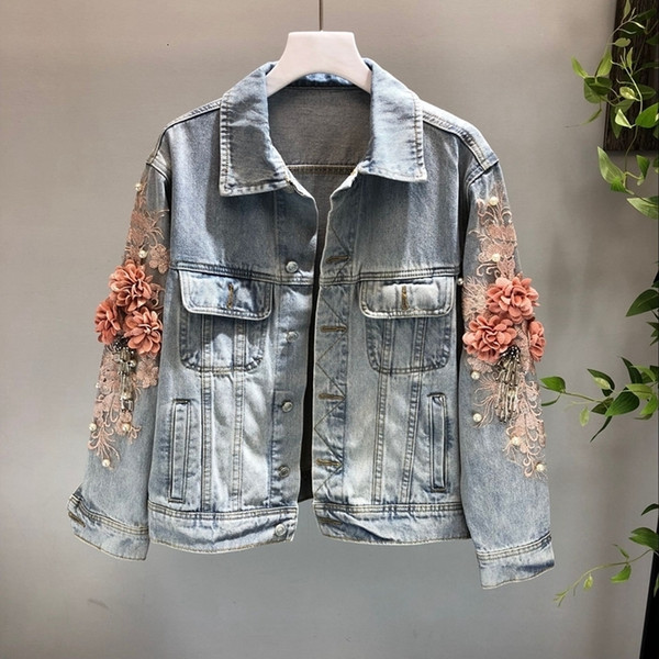 Autumn Women Embroidery Three Dimensional Flowers Pearl Bead Short Denim Coat Woman Long Sleeve Jean Jacket Feminina CoatsMX190927