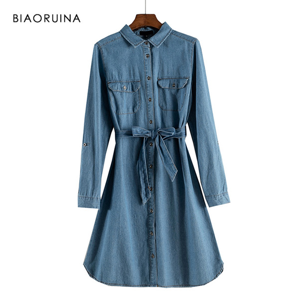 BIAORUINA Women Blue Single Breasted Denim Shirt Dress Turn-down Collar Female Vintage Summer Dress Vestidos with Sash SH190913