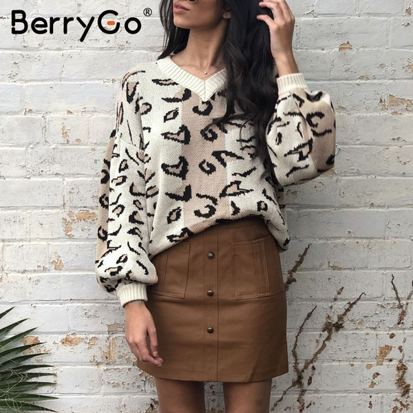 BerryGo Leopard print knitted sweater women Autumn winter female casual pullover V neck lantern sleeve streetwear ladies jumpers SH190917