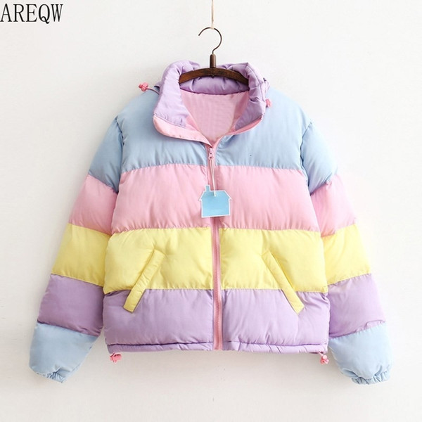 Women Coat Oversize Harajuku Parkas Short Padded Casual Warm Jacket Striped Winter Clothing Rainbow Stripe Splicing Fluffy Parka Y190926