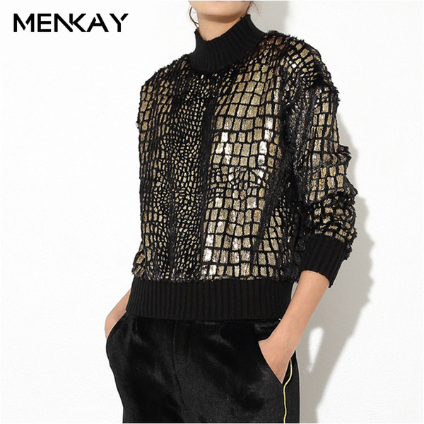 [MENKAY] 2018 Spring Gold Plaid Sparkle Sequin Covered Turtleneck Long Sleeve Pullovers Sweatshirt Women Fashion New Female Y191007