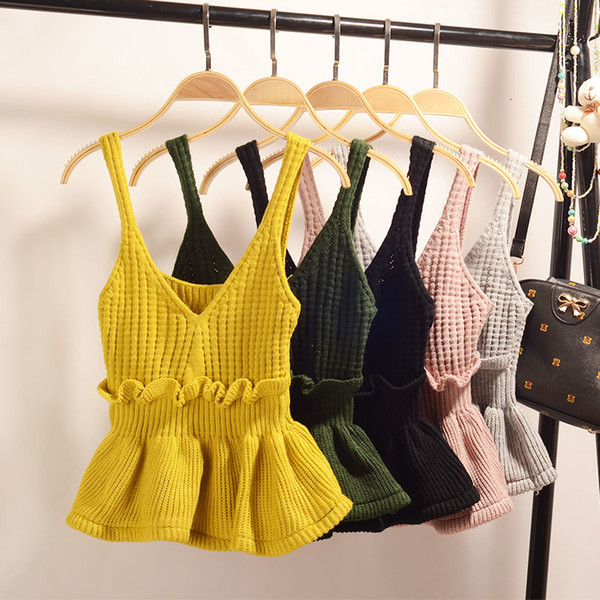 Yeeshan Cute Ruffle Vest Knit Crop Sweater Women Yellow Black Nude Pink Striped Korean Style Gilet Jersey Winter Truien Dames Z5MX191008