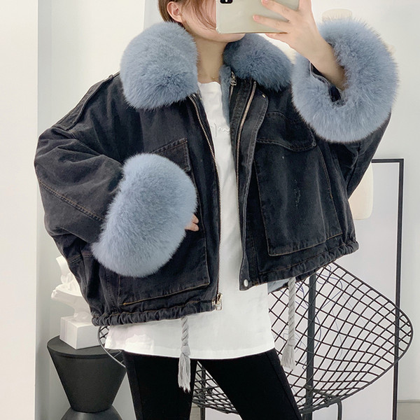 winter jakcet women parka real fox fur collar Rex Rabbit Fur liner denim jacket plus size short coat vintage korean fashion SH190930