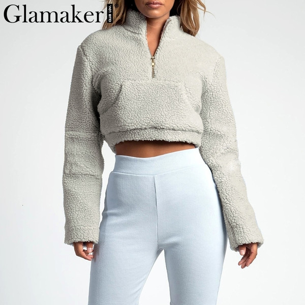 Glamaker Long sleeve soft crop faux fur Women autumn fashion pullover teddy jacket coats Female elegant streetwear worm top fur SH190917