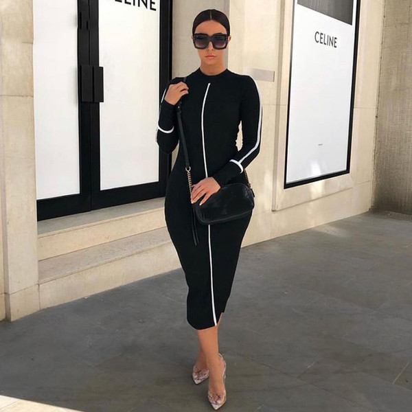 spring new black white High street dresses women's Elegant bodycon midi dresses mujer offic ladies fashion casual Slim dress SH190918