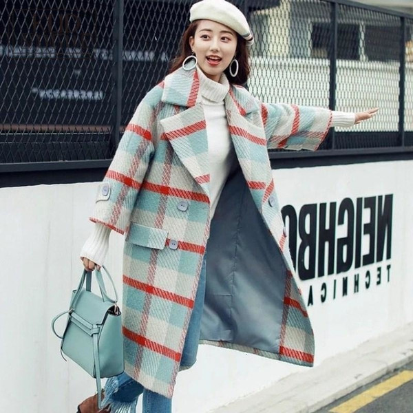 Women Jacket Winter Autumn Lapel Plaid Coat Plus Size Loose Jackets Warm Trench Long Coat Casual Overcoat Women Blend Coat T190906