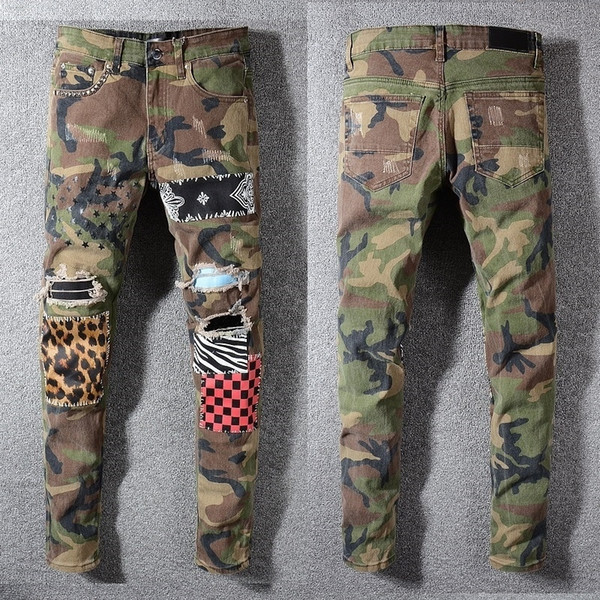 New Italy Style #596# Men's Distressed Destroyed Art Patches Stretch hollow out Pant Camo Skinny Jeans Slim Trousers Size 28-40 SH190916