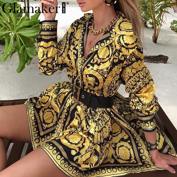 Glamaker Sexy paisley vintage print gold dress Women v neck short blouse dress autumn elegant party club dress large size robe SH190918