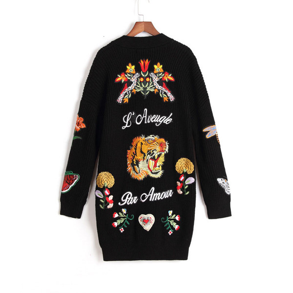 Runway Women Embroidery Tiger Jacket Women Black Long Sweater Cardigans 2019 Spring Lady Vintage Jumper Coat Clothes SH190927