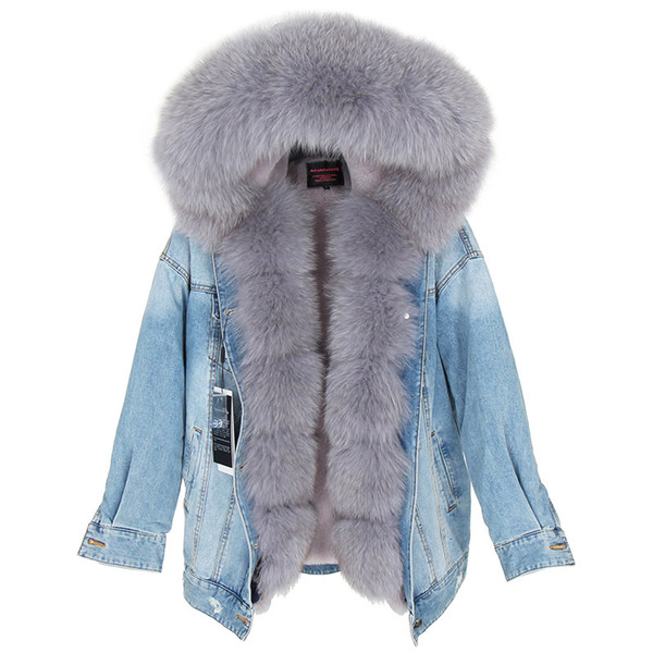 new fashion Natural fox fur big fur collar jacket denim Loose fashion Removable lining park Coat women's cloth SH190928