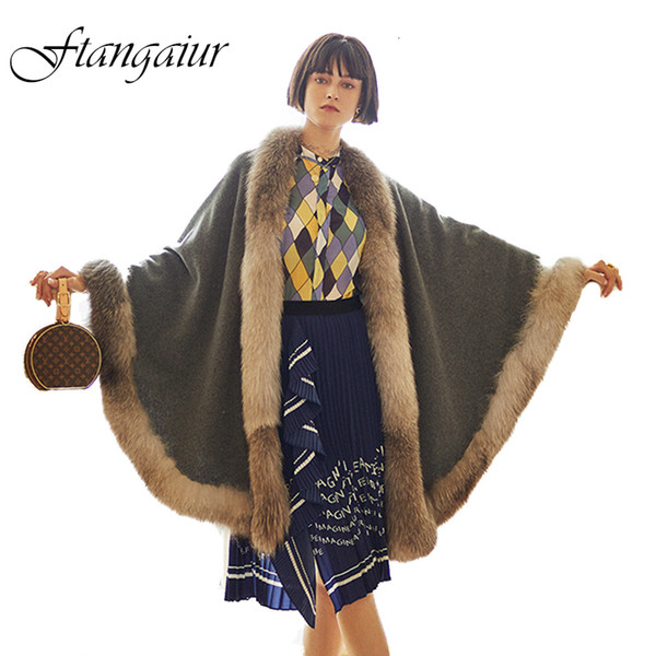 Fang Tai Fur 2019 Import Wool Cashmere Fur Coat With Fox Fur Collar Coats Big Loss Women's Medium Cape shawl Real Cashmere Coats SH190930