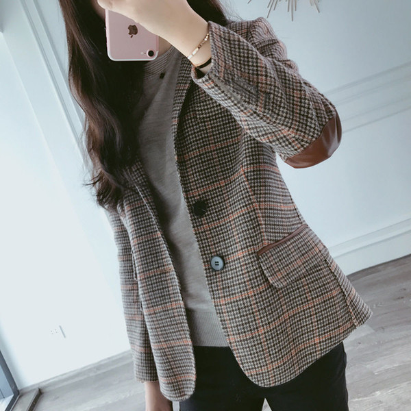 2019 New Autumn Winter Blazer Women Wool Plaid Leather Patchwork Slim Blazers Coat Casual Jackets Outwear T190917