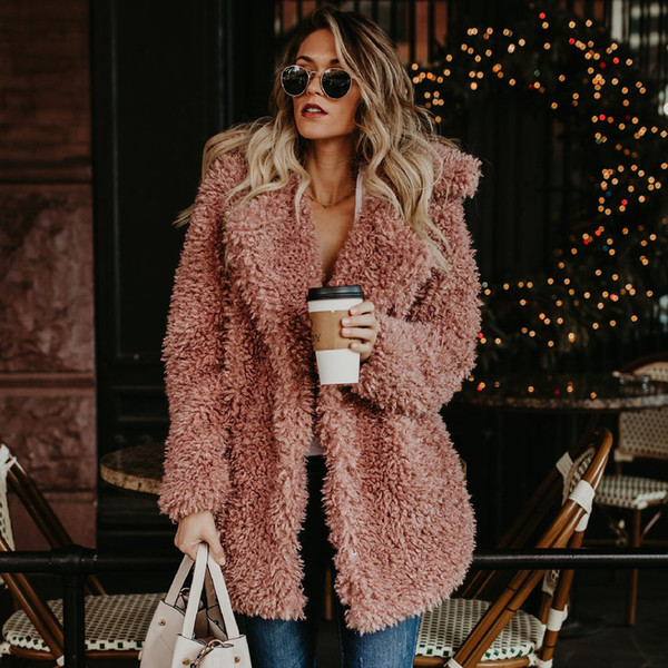 Women Winter Plus Size Faux Fur Coat Bomber Jacket Trench Wool Teddy Coat Pink Overcoat Long Sleeve Vintage Outwear Mujer SH190928