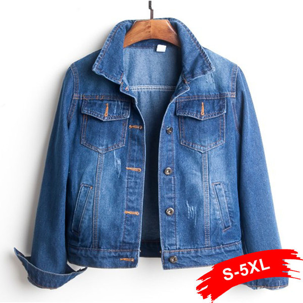 Plus Size Ripped Hole Cropped Jean Jacket 4Xl 5Xl Light Blue Bomber Short Denim Jackets Jaqueta Long Sleeve Casual Jeans CoatMX190928