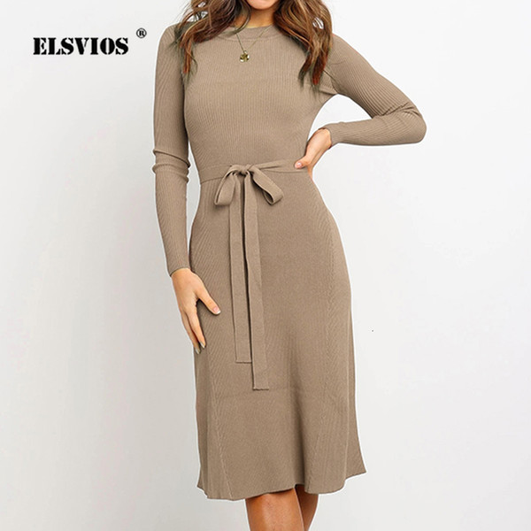 ELSVIOS 2019 Autumn Winter Knitted Sweater Dress Women Sexy O Neck Long Sleeve A-Line Dress Ladies Knee Party Dress Belt Vestido SH190918