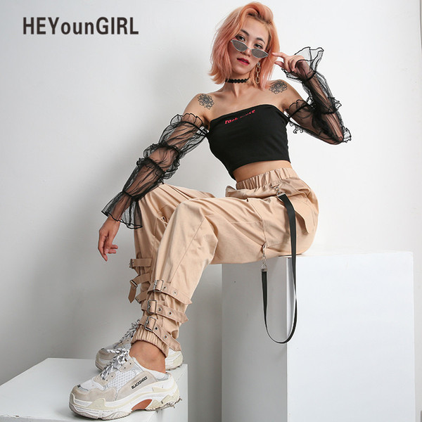 HEYounGIRL Streetwear Khaki Casual Cargo Pants Capris Women Elastic High Waist Joggers Buttons Fashion Hip Hop Long Trousers SH190915