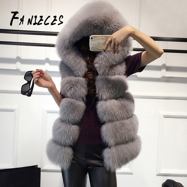 High quality Fur Vest coat Luxury Faux Fox Warm Women Coat Vests with hood Winter Fashion furs Female Coats Jacket Gilet Veste SH190930