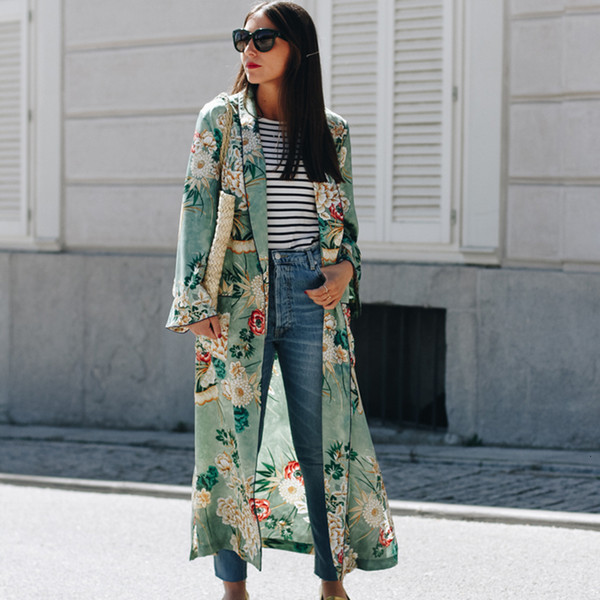 2019 New Vintage Pareo Retro Floral Print Green Long Kimono Jacket Long Sleeve Cardigan Maxi Shawl Summer Tops Belted Beachwear SH190922