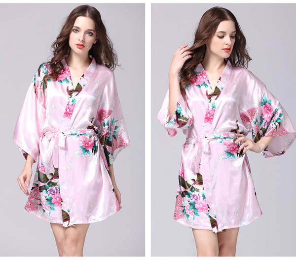 Women Satin Robe Kimono Night Gown Pajama Floral Lace Up Sleepwear