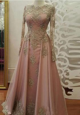 Long Sleeve Blush Pink Prom Dresses Evening Wear Lace Appliques Crystal Abiye Dubai Evening Dresses Same With Picture Color Can Be Cus