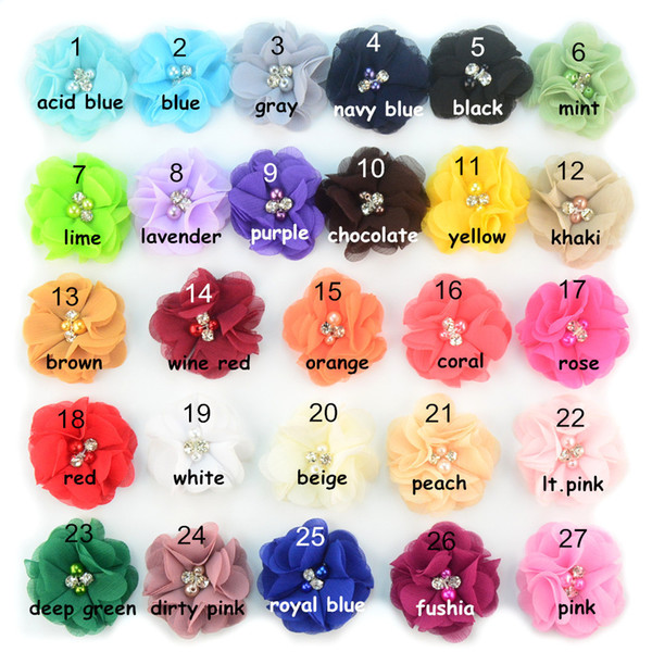 1.97'' cute chiffon flowers with Rhinestone Pearl without clips girls headbands hair accessories 27 Color you can choose