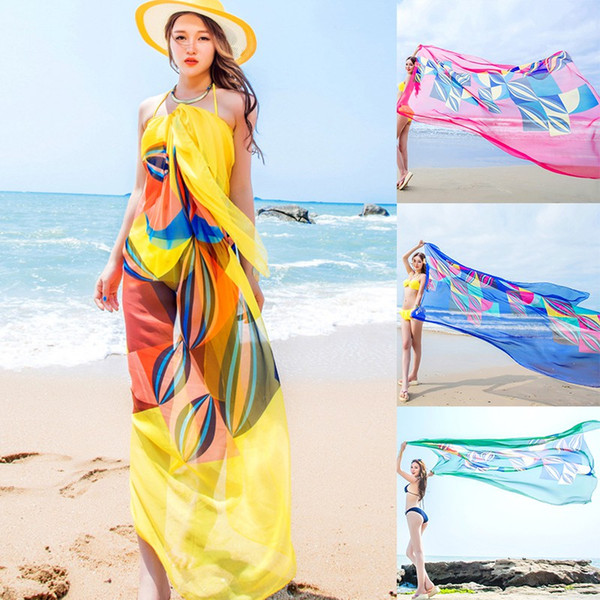 Scarves Sexy Woman Summer Chiffon Pareo Geometrical Design Print Swimsuit Beach Cover Up Sarong Dress Ladies Hijab Wrap Scarf 140x190cm