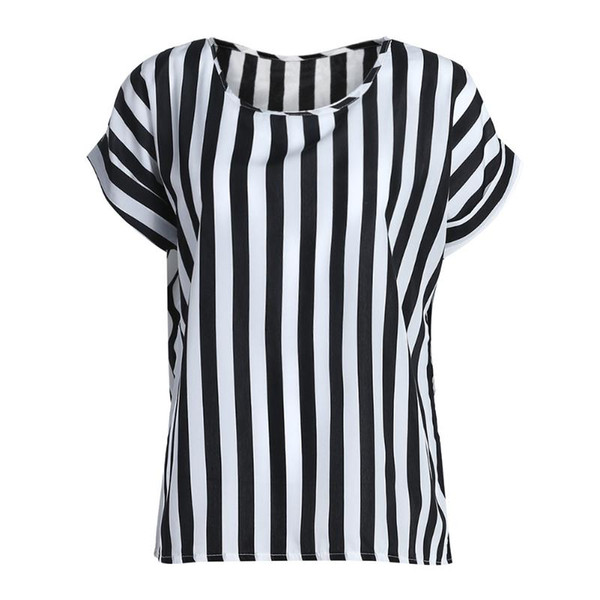 Summer Women O Neck Striped Printed Tops Fashion Black White Short Sleeve Female T-Shirts Loose Chiffon t-Shirt Feminino