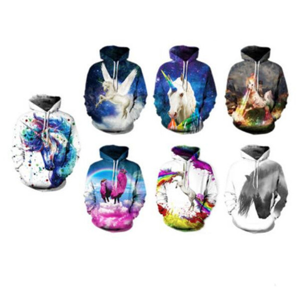 Couples with Unicorn 3D digital printing long-sleeved hooded pullover sweater personality men and women with the same paragraph loose baseba