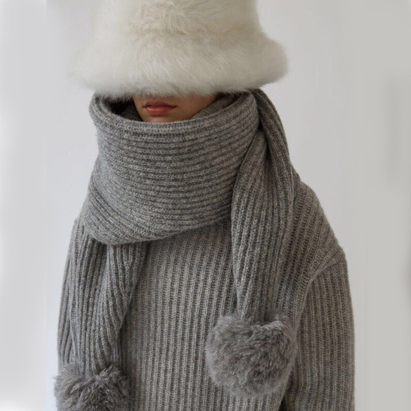 New Autumn Winter Warm Scarf Cold Proof Mohair Wool Blend Pure Color Scarf Big Wool Ball Knitting Thick Scarf