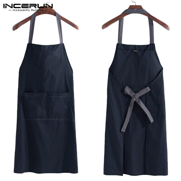 Pure Color 2019 Men Aprons Chef Works Bib Cross Back Apron Big Double Front Pockets Chef Waiter Cooking Baking Man Accessories