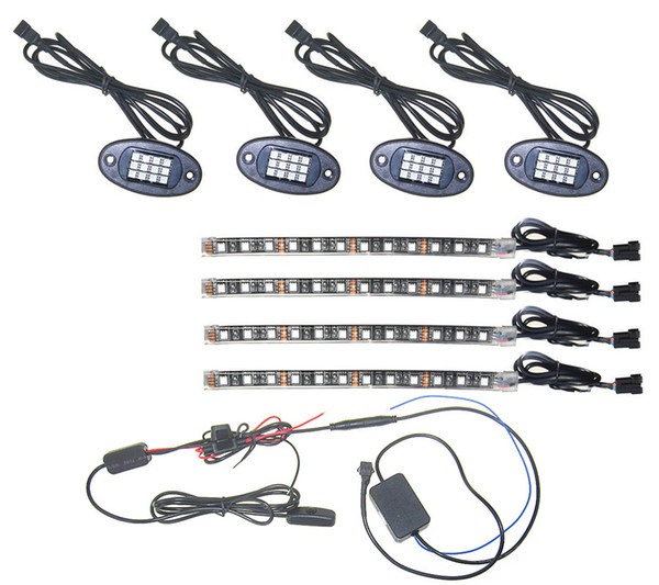 Universal Off-road SUV ATV 4 LED Pod And 8 inch Led Strip Music RGB 18 Solid Colors Wheel Lihgts Under Car Lighting Kit