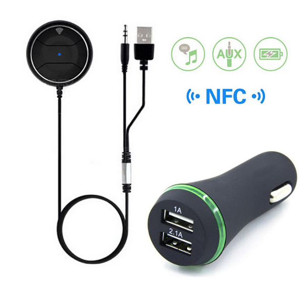 Bluetooth 4.0 Car kit with NFC Function +3.5mm AUX Receiver Dual USB 2.1A Music Receiver Handsfree Speakerphone Car Charger