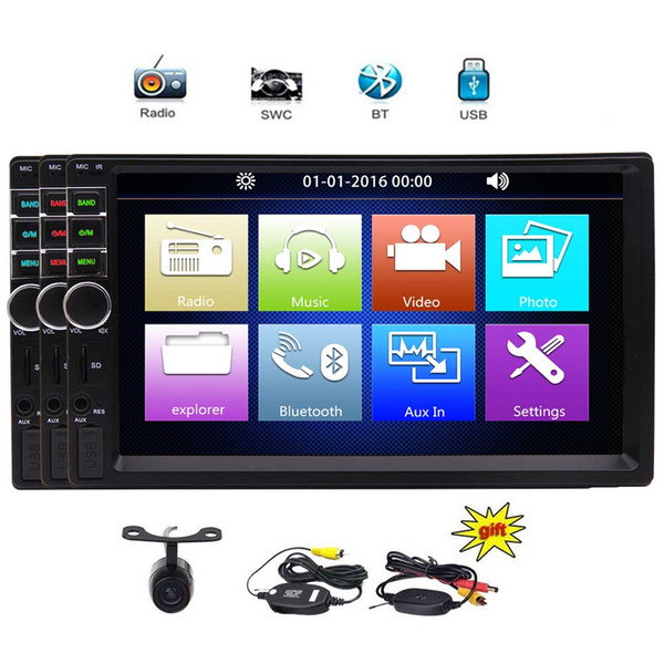 7'' Car Stereo MP5 Player Double Din Car Radio Bluetooth Audio Steering Wheel Control Wireless Rearview Camera USB TF Card Aux input Phone