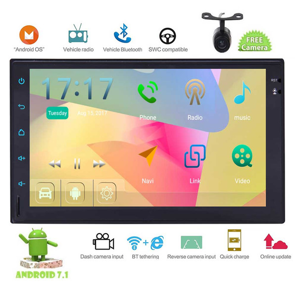 Rear Camera+Android 7.1 Double Din Car Stereo 7'' GPS Navigation Bluetooth FM/AM RDS Radio WIFI 4G Subwoofer OBD2 Mirror Link SWC