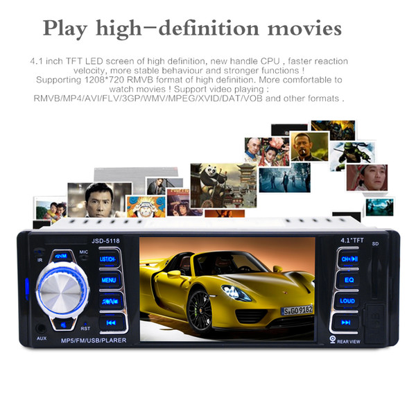 5118 4.1inch 50W x 4CH Bluetooth 1 DIN Car In-Dash Stereo Audio FM Receiver USB MP5 Radio Player CAU_00N