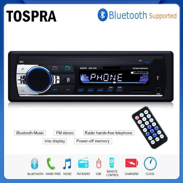 TOSPRA Car Multimedia Player Bluetooth Autoradio MP3 Music Player Car Stereo Radio FM Aux Input Receiver USB 12V In-dash 1 din