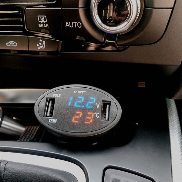 Dual USB Ports 3 in 1 Digital Black LED Voltmeter Thermometer Monitor 708 Car Charger 12V/24V Temperature Meter Voltmeter