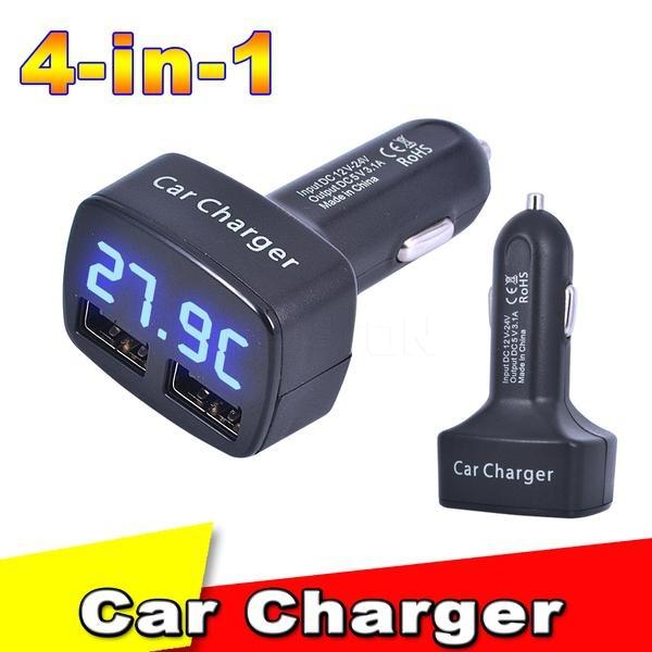 DHL 50PCS 4 in 1 Car Charger Dual USB DC 5V 3.1A Adapter With Voltage/Temperature/Current Meter Tester Digital LED Display