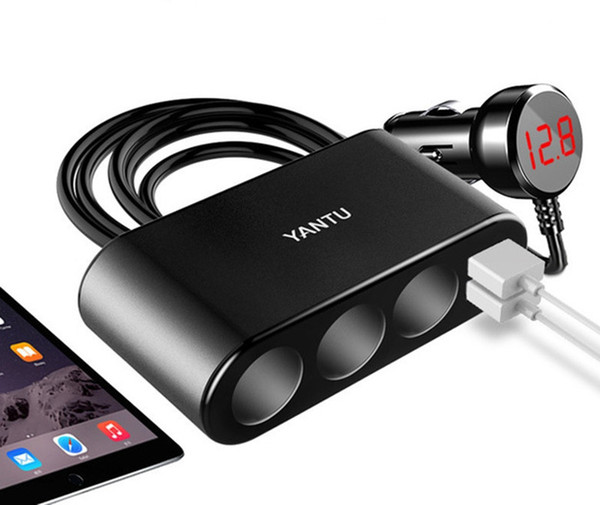 Car Charger Cigarette lighter one drag three multifunctional electronic dual USB metal new digital display car mobile phone charger