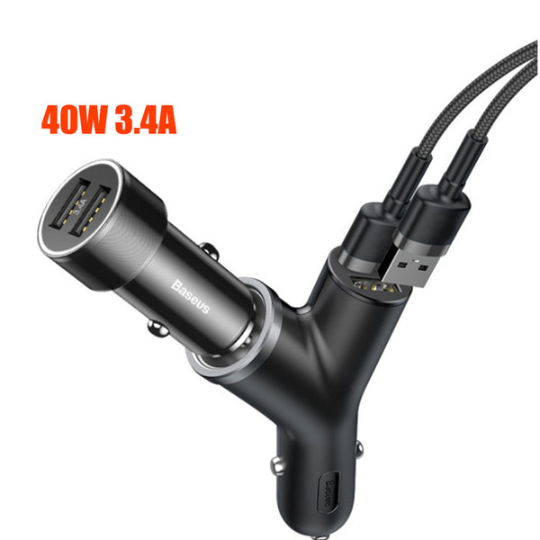 Baseus 3 in 1 Car Charger for iPhone Mobile Phone Charger Dual USB + Cigarette Lighter for 3 Devices 3.4A Fast Car Phone Charger