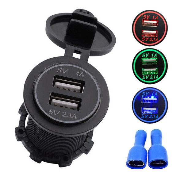 Universal Waterproof Dual Ports USB Car Charger 5V/3.1A Blue LED Power Adapter Socket for DC 12V-24V Cars Vehicles