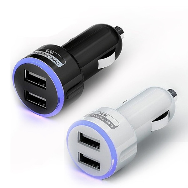 Car Chargers Mini USB Car Charger Auto Electronics Dual USB Ports Adapter 2.1A Bullet Blue LED Light Ring Universal For iPhone Samsung iPad