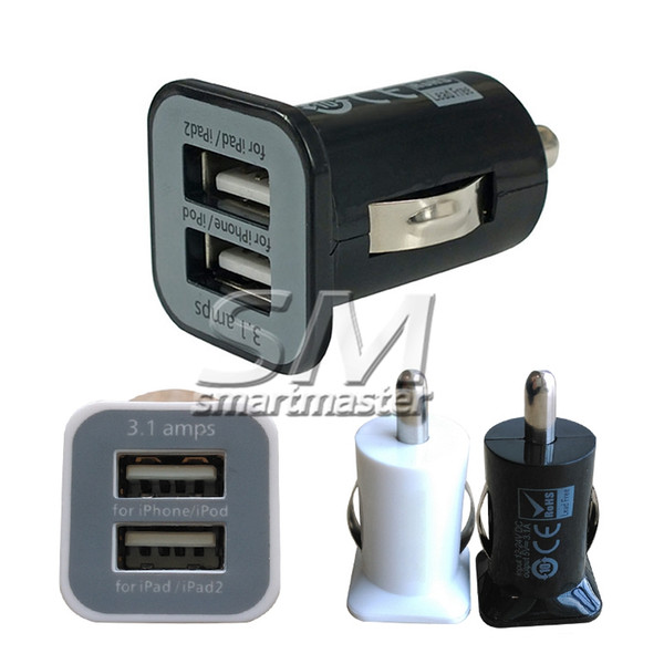 High Quality 2-Port Mini Universal Dual USB Car Charger Adapter Bullet 5V 2.1A + 1A Black White DHL