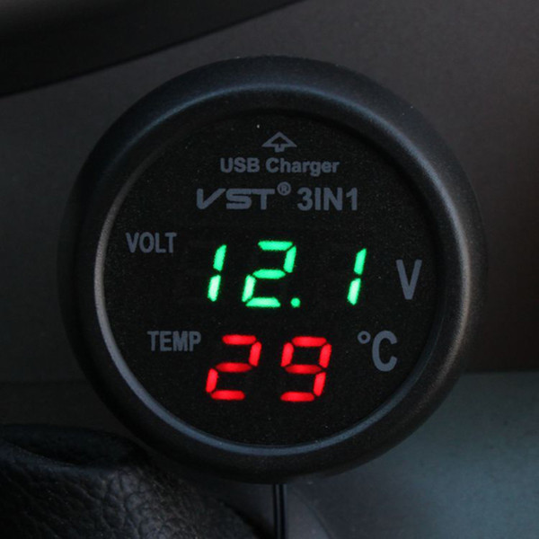 3 in 1 Digital LED car Voltmeter Thermometer Auto Car USB Charger 12V/24V Temperature Meter Voltmeter Cigarette Lighter