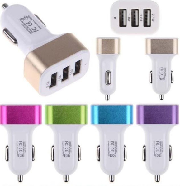 2016 Three Port USB Car Charger USB Adapter 2100mah Colorful Car Charger for ipad iPhone 6 6+ PLUS 6G 5 5C 5S 4S Samsung Galaxy S5 Note 3 No